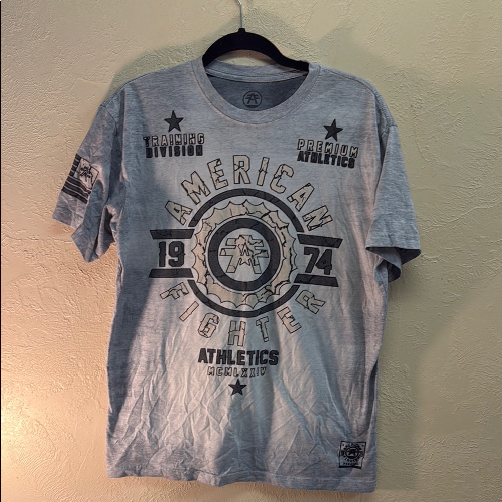 American Fighter Gray Short Sleeve Tee with Bold Graphic Design